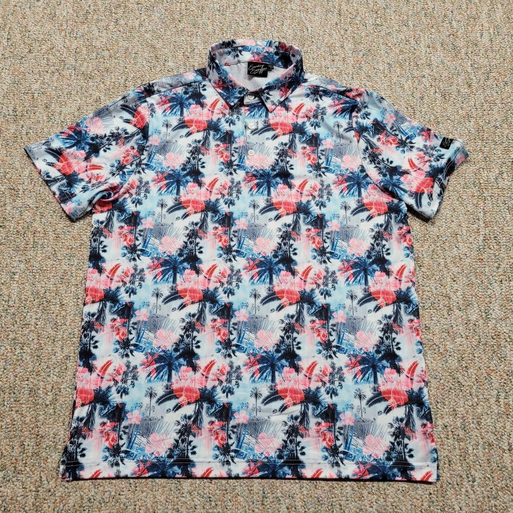 Sunday Swagger Polo Shirt Men Large Blue Pink Tropical Palm Tree Floral AOP Golf